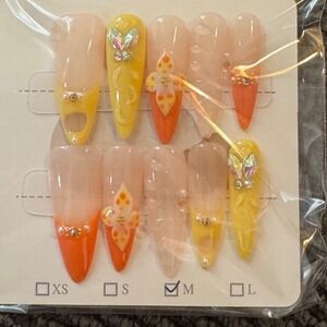 Press‎ On Nails Medium Almond Yellow Orange Butterfly Flower Gem Nail Art
